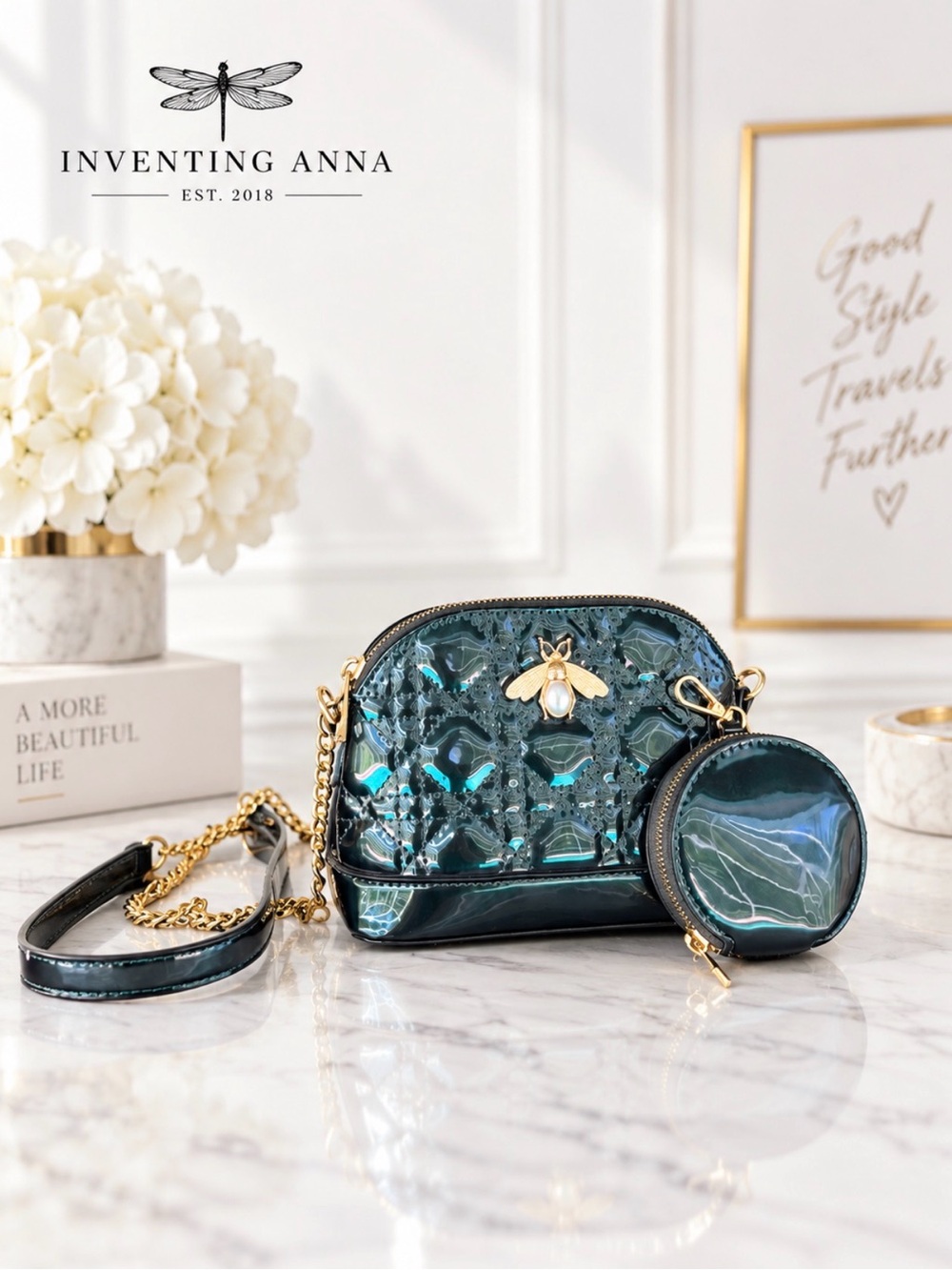 Iridescent Green Patent Bee Crossbody Bag With Coin Pouch